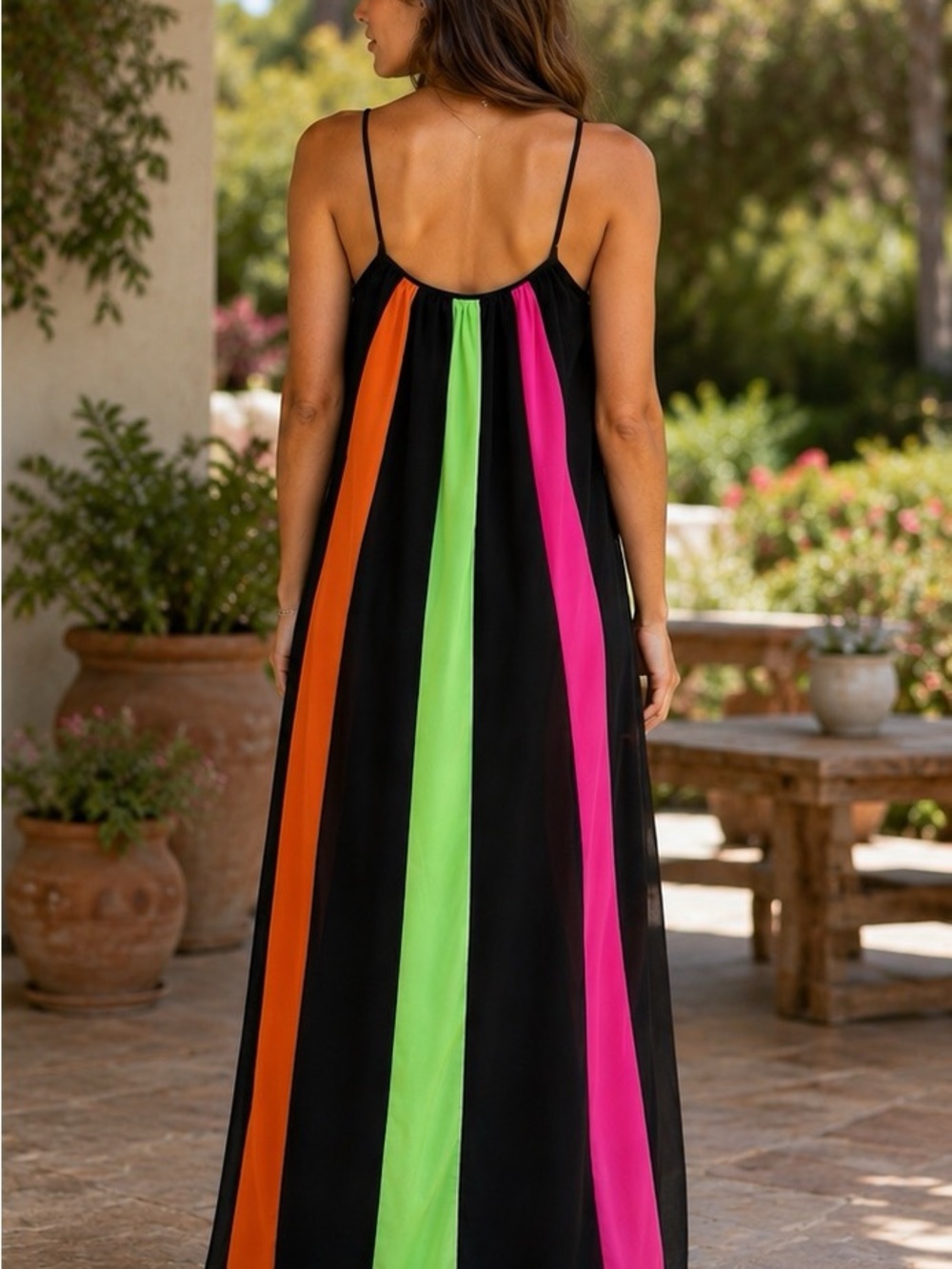 Colorblock Sheer Maxi Dress Adjustable Straps Boho Beach Cover Up - Picture 2 of 6